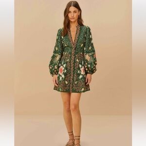 new Farm Rio Green Pineapple Garden Long Sleeve Mini Dress pink floral